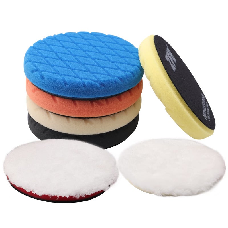 ZFE Buffing Polishing Pads, ZFE 7Pcs 5""(125mm) Waffle Foam Buffing Pads Polishing Pads Wool Pad Kit for 5Inch Backing Plate RO/DA/GA Car Polisher Boat Compounding, Polishing and Waxing - Image 1